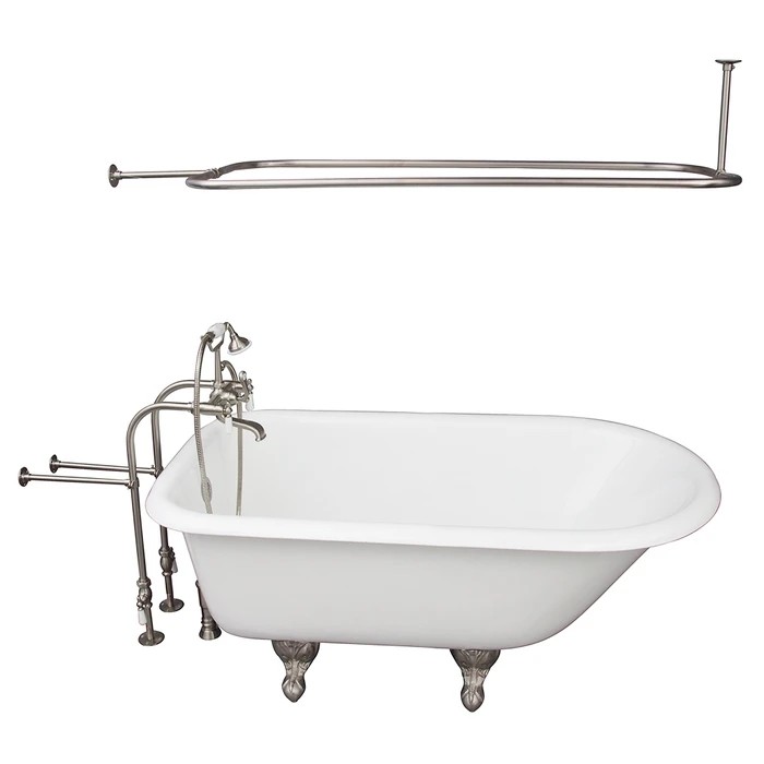 BARCLAY TKCTRN54-SN3 ANTONIO 55 1/2 INCH CAST IRON FREESTANDING CLAWFOOT SOAKER BATHTUB IN WHITE WITH PORCELAIN LEVER TUB FILLER AND RECTANGULAR SHOWER ROD IN BRUSHED NICKEL