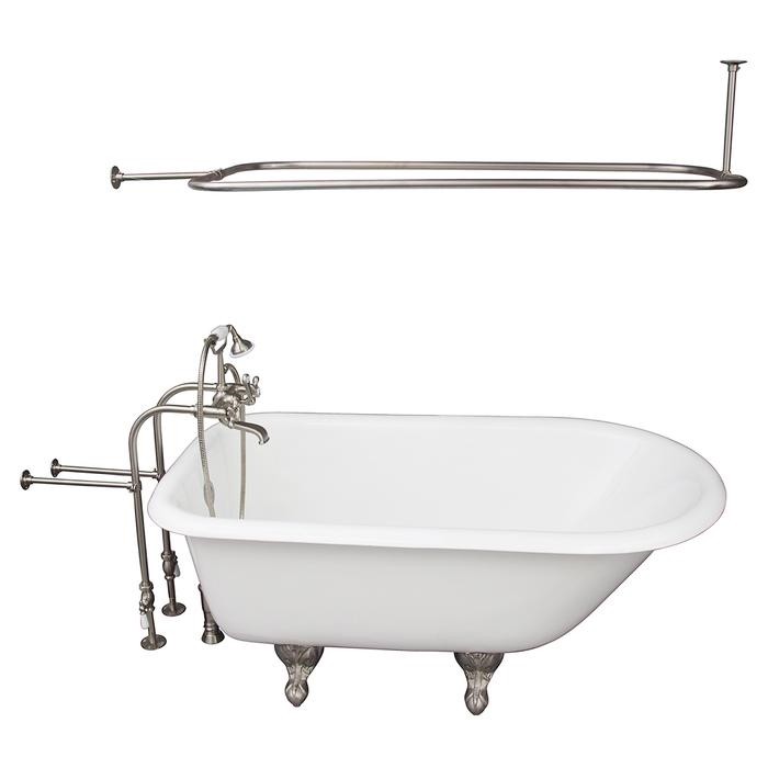BARCLAY TKCTRN54-SN4 ANTONIO 55 1/2 INCH CAST IRON FREESTANDING CLAWFOOT SOAKER BATHTUB IN WHITE WITH METAL CROSS TUB FILLER AND RECTANGULAR SHOWER ROD IN BRUSHED NICKEL