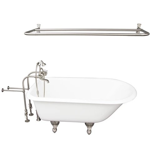 BARCLAY TKCTRN54-SN6 ANTONIO 55 1/2 INCH CAST IRON FREESTANDING CLAWFOOT SOAKER BATHTUB IN WHITE WITH METAL CROSS TUB FILLER AND D-SHOWER ROD IN BRUSHED NICKEL