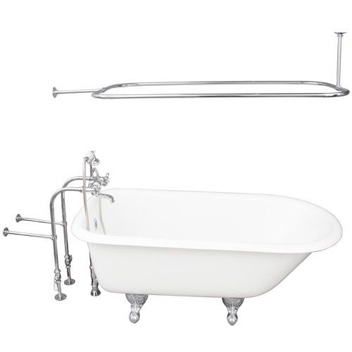 BARCLAY TKCTRN60-CP4 BARTLETT 60 3/4 INCH CAST IRON FREESTANDING CLAWFOOT SOAKER BATHTUB IN WHITE WITH METAL CROSS TUB FILLER AND RECTANGULAR SHOWER ROD IN CHROME