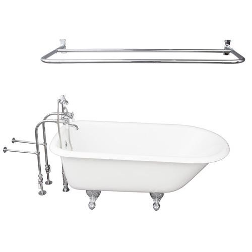 BARCLAY TKCTRN60-CP5 BARTLETT 60 3/4 INCH CAST IRON FREESTANDING CLAWFOOT SOAKER BATHTUB IN WHITE WITH PORCELAIN LEVER TUB FILLER AND D-SHOWER ROD IN CHROME
