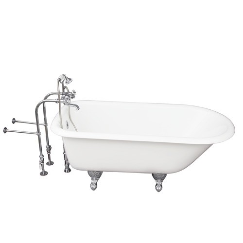 BARCLAY TKCTRN67-CP2 BROCTON 68 INCH CAST IRON FREESTANDING SOAKER BATHTUB IN WHITE WITH METAL CROSS TUB FILLER AND HAND SHOWER IN CHROME