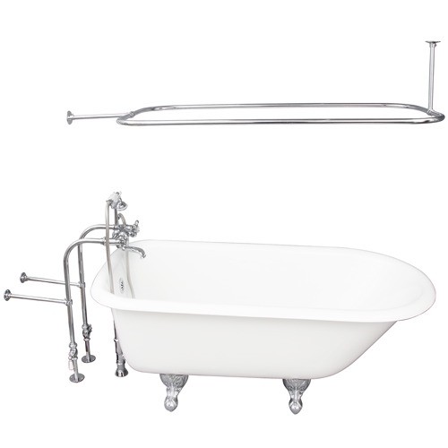 BARCLAY TKCTRN67-CP4 BROCTON 68 INCH CAST IRON FREESTANDING SOAKER BATHTUB IN WHITE WITH METAL CROSS TUB FILLER AND 54 INCH RECTANGULAR SHOWER ROD IN CHROME