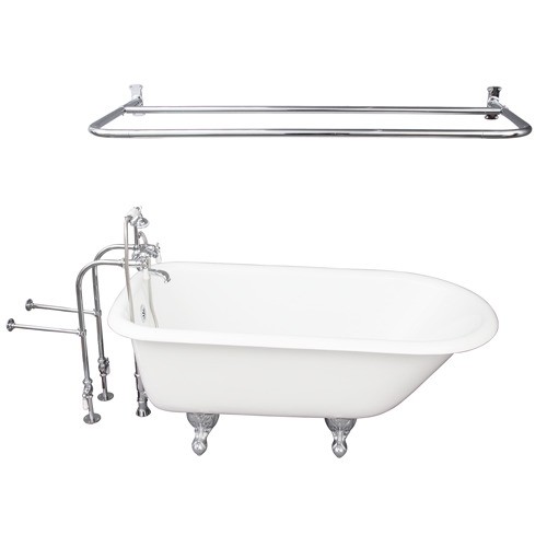 BARCLAY TKCTRN67-CP5 BROCTON 68 INCH CAST IRON FREESTANDING SOAKER BATHTUB IN WHITE WITH PORCELAIN LEVER TUB FILLER AND D-SHOWER ROD IN CHROME
