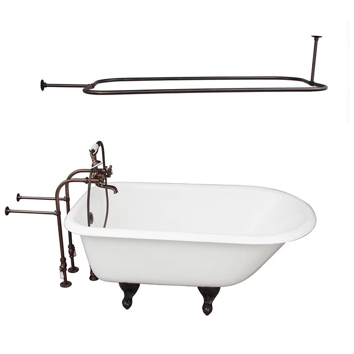 BARCLAY TKCTRN67-ORB4 BROCTON 68 INCH CAST IRON FREESTANDING SOAKER BATHTUB IN WHITE WITH METAL CROSS TUB FILLER AND 48 INCH RECTANGULAR SHOWER ROD IN OIL RUBBED BRONZE