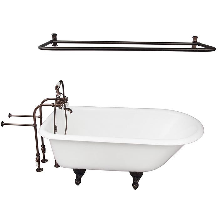 BARCLAY TKCTRN67-ORB5 BROCTON 68 INCH CAST IRON FREESTANDING SOAKER BATHTUB IN WHITE WITH PORCELAIN LEVER TUB FILLER AND D-SHOWER ROD IN OIL RUBBED BRONZE