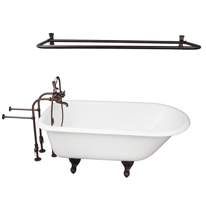 BARCLAY TKCTRN67-ORB6 BROCTON 68 INCH CAST IRON FREESTANDING SOAKER BATHTUB IN WHITE WITH METAL CROSS TUB FILLER AND D-SHOWER ROD IN OIL RUBBED BRONZE