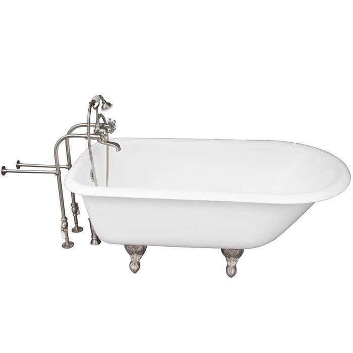 BARCLAY TKCTRN67-SN2 BROCTON 68 INCH CAST IRON FREESTANDING SOAKER BATHTUB IN WHITE WITH METAL CROSS TUB FILLER AND HAND SHOWER IN BRUSHED NICKEL