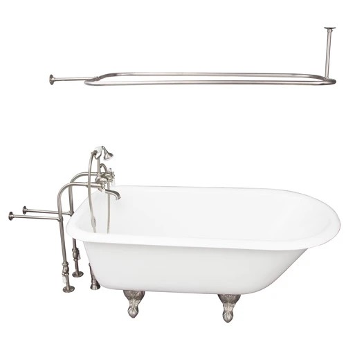 BARCLAY TKCTRN67-SN3 BROCTON 68 INCH CAST IRON FREESTANDING SOAKER BATHTUB IN WHITE WITH PORCELAIN LEVER TUB FILLER AND 54 INCH RECTANGULAR SHOWER ROD IN BRUSHED NICKEL