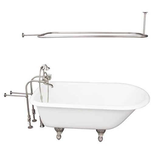 BARCLAY TKCTRN67-SN4 BROCTON 68 INCH CAST IRON FREESTANDING SOAKER BATHTUB IN WHITE WITH METAL CROSS TUB FILLER AND 54 INCH RECTANGULAR SHOWER ROD IN BRUSHED NICKEL