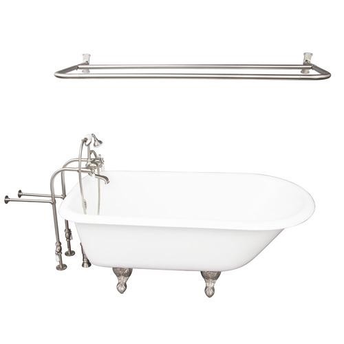 BARCLAY TKCTRN67-SN5 BROCTON 68 INCH CAST IRON FREESTANDING SOAKER BATHTUB IN WHITE WITH PORCELAIN LEVER TUB FILLER AND D-SHOWER ROD IN BRUSHED NICKEL