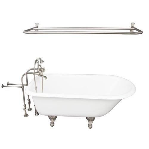 BARCLAY TKCTRN67-SN6 BROCTON 68 INCH CAST IRON FREESTANDING SOAKER BATHTUB IN WHITE WITH METAL CROSS TUB FILLER AND D-SHOWER ROD IN BRUSHED NICKEL