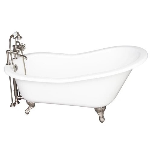 BARCLAY TKCTS7H67-BN2 ICARUS 67 INCH CAST IRON FREESTANDING CLAWFOOT SOAKER SLIPPER BATHTUB IN WHITE WITH METAL CROSS TUB FILLER AND HAND SHOWER IN BRUSHED NICKEL