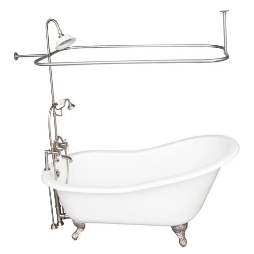 BARCLAY TKCTS7H67-BN3 ICARUS 67 INCH CAST IRON FREESTANDING CLAWFOOT SOAKER SLIPPER BATHTUB IN WHITE WITH PORCELAIN LEVER TUB FILLER AND RECTANGULAR SHOWER UNIT IN BRUSHED NICKEL