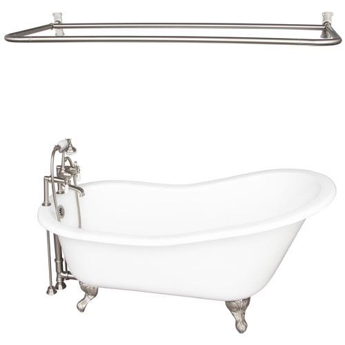 BARCLAY TKCTS7H67-BN5 ICARUS 67 INCH CAST IRON FREESTANDING CLAWFOOT SOAKER SLIPPER BATHTUB IN WHITE WITH PORCELAIN LEVER TUB FILLER AND D-SHOWER ROD IN BRUSHED NICKEL