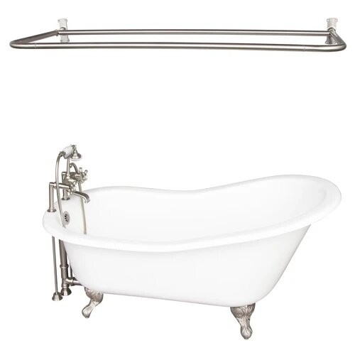 BARCLAY TKCTS7H67-BN6 ICARUS 67 INCH CAST IRON FREESTANDING CLAWFOOT SOAKER SLIPPER BATHTUB IN WHITE WITH METAL CROSS TUB FILLER AND D-SHOWER ROD IN BRUSHED NICKEL