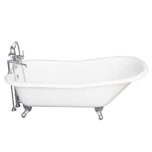 BARCLAY TKCTS7H67-CP2 ICARUS 67 INCH CAST IRON FREESTANDING CLAWFOOT SOAKER SLIPPER BATHTUB IN WHITE WITH METAL CROSS TUB FILLER AND HAND SHOWER IN POLISHED CHROME