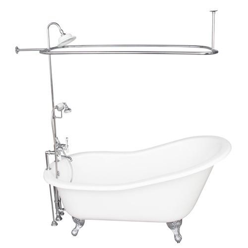 BARCLAY TKCTS7H67-CP3 ICARUS 67 INCH CAST IRON FREESTANDING CLAWFOOT SOAKER SLIPPER BATHTUB IN WHITE WITH PORCELAIN LEVER TUB FILLER AND RECTANGULAR SHOWER UNIT IN POLISHED CHROME