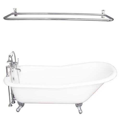 BARCLAY TKCTS7H67-CP5 ICARUS 67 INCH CAST IRON FREESTANDING CLAWFOOT SOAKER SLIPPER BATHTUB IN WHITE WITH PORCELAIN LEVER TUB FILLER AND D-SHOWER ROD IN POLISHED CHROME