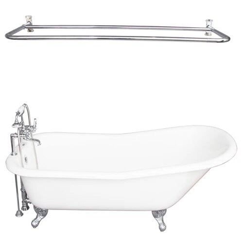 BARCLAY TKCTS7H67-CP6 ICARUS 67 INCH CAST IRON FREESTANDING CLAWFOOT SOAKER SLIPPER BATHTUB IN WHITE WITH METAL CROSS TUB FILLER AND D-SHOWER ROD IN POLISHED CHROME