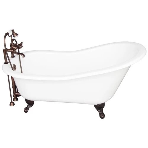 BARCLAY TKCTS7H67-ORB2 ICARUS 67 INCH CAST IRON FREESTANDING CLAWFOOT SOAKER SLIPPER BATHTUB IN WHITE WITH METAL CROSS TUB FILLER AND HAND SHOWER IN OIL RUBBED BRONZE