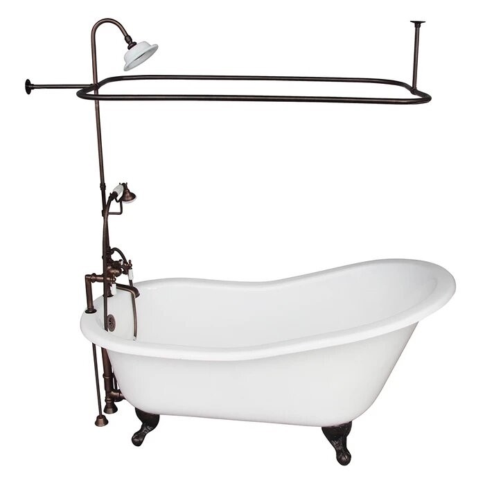 BARCLAY TKCTS7H67-ORB3 ICARUS 67 INCH CAST IRON FREESTANDING CLAWFOOT SOAKER SLIPPER BATHTUB IN WHITE WITH PORCELAIN LEVER TUB FILLER AND RECTANGULAR SHOWER UNIT IN OIL RUBBED BRONZE