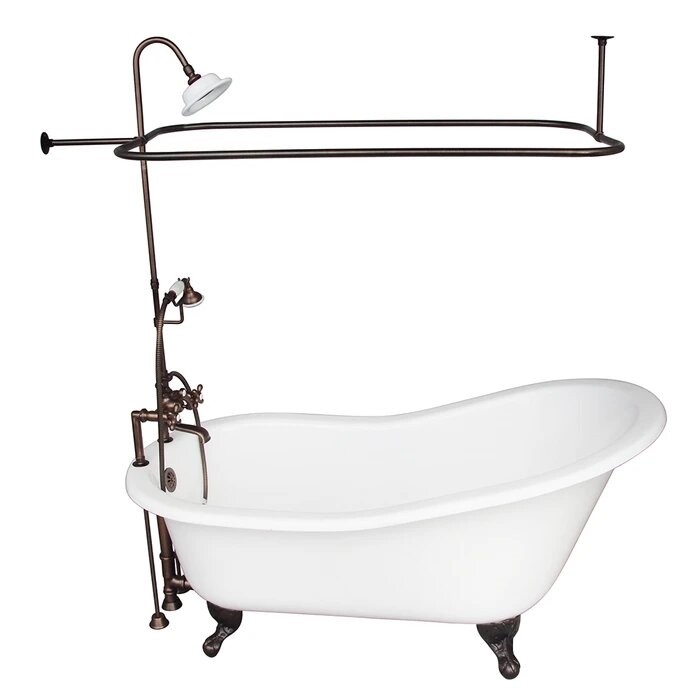 BARCLAY TKCTS7H67-ORB4 ICARUS 67 INCH CAST IRON FREESTANDING CLAWFOOT SOAKER SLIPPER BATHTUB IN WHITE WITH METAL CROSS TUB FILLER AND RECTANGULAR SHOWER UNIT IN OIL RUBBED BRONZE