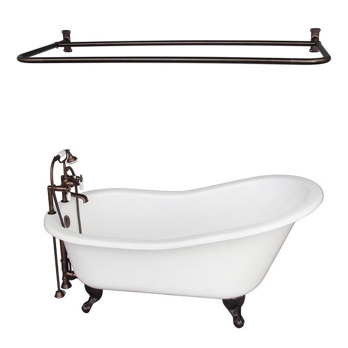 BARCLAY TKCTS7H67-ORB5 ICARUS 67 INCH CAST IRON FREESTANDING CLAWFOOT SOAKER SLIPPER BATHTUB IN WHITE WITH PORCELAIN LEVER TUB FILLER AND D-SHOWER ROD IN OIL RUBBED BRONZE