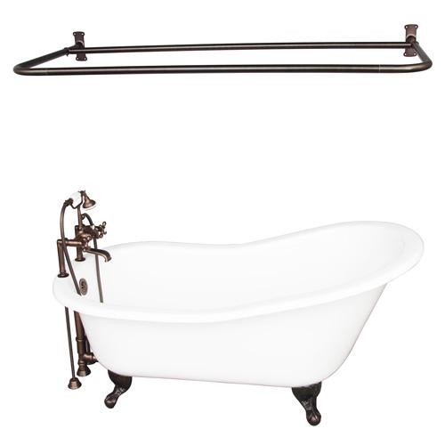 BARCLAY TKCTS7H67-ORB6 ICARUS 67 INCH CAST IRON FREESTANDING CLAWFOOT SOAKER SLIPPER BATHTUB IN WHITE WITH METAL CROSS TUB FILLER AND D-SHOWER ROD IN OIL RUBBED BRONZE