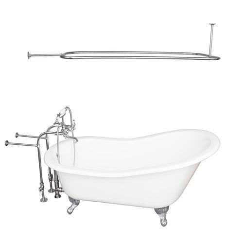 BARCLAY TKCTSN60-CP4 GRIFFIN 61 1/4 INCH CAST IRON FREESTANDING CLAWFOOT SOAKER BATHTUB IN WHITE WITH METAL CROSS TUB FILLER AND RECTANGULAR SHOWER ROD IN CHROME
