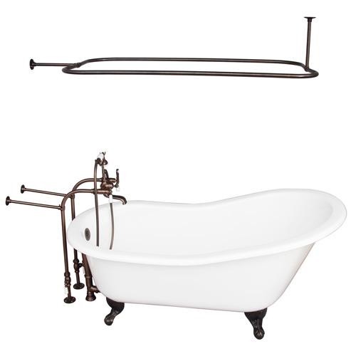 BARCLAY TKCTSN60-ORB3 GRIFFIN 61 1/4 INCH CAST IRON FREESTANDING CLAWFOOT SOAKER BATHTUB IN WHITE WITH PORCELAIN LEVER TUB FILLER AND RECTANGULAR SHOWER ROD IN OIL RUBBED BRONZE