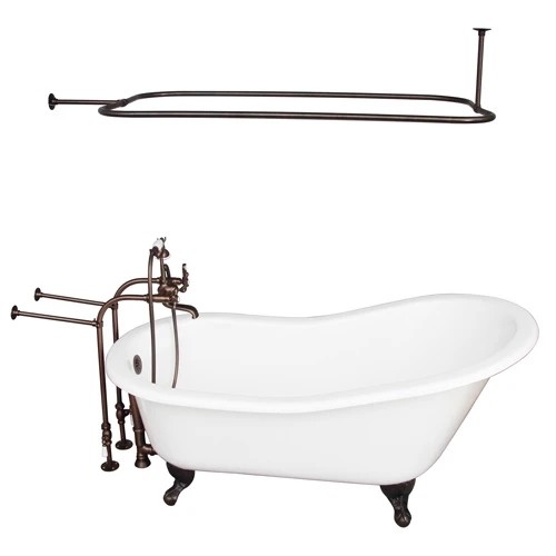BARCLAY TKCTSN60-ORB4 GRIFFIN 61 1/4 INCH CAST IRON FREESTANDING CLAWFOOT SOAKER BATHTUB IN WHITE WITH METAL CROSS TUB FILLER AND RECTANGULAR SHOWER ROD IN OIL RUBBED BRONZE