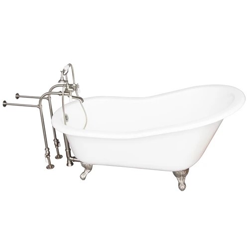 BARCLAY TKCTSN67-BN1 ICARUS 67 INCH CAST IRON FREESTANDING CLAWFOOT SOAKER SLIPPER BATHTUB IN WHITE WITH PORCELAIN LEVER TUB FILLER AND HAND SHOWER IN BRUSHED NICKEL