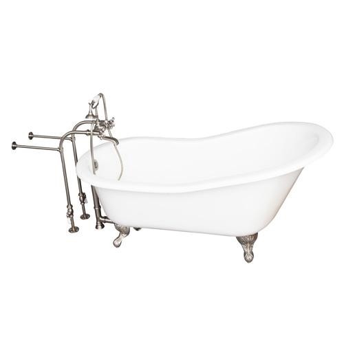 BARCLAY TKCTSN67-BN2 ICARUS 67 INCH CAST IRON FREESTANDING CLAWFOOT SOAKER SLIPPER BATHTUB IN WHITE WITH METAL CROSS TUB FILLER AND HAND SHOWER IN BRUSHED NICKEL