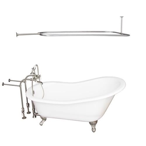 BARCLAY TKCTSN67-BN3 ICARUS 67 INCH CAST IRON FREESTANDING SOAKER BATHTUB IN WHITE WITH PORCELAIN LEVER TUB FILLER AND 54 INCH RECTANGULAR SHOWER ROD IN BRUSHED NICKEL