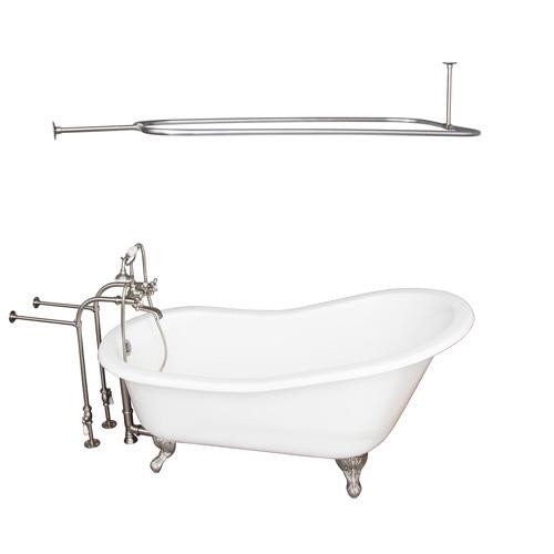BARCLAY TKCTSN67-BN4 ICARUS 67 INCH CAST IRON FREESTANDING SOAKER BATHTUB IN WHITE WITH METAL CROSS TUB FILLER AND 54 INCH RECTANGULAR SHOWER ROD IN BRUSHED NICKEL