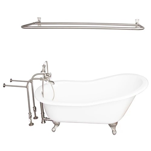 BARCLAY TKCTSN67-BN5 ICARUS 67 INCH CAST IRON FREESTANDING SOAKER BATHTUB IN WHITE WITH PORCELAIN LEVER TUB FILLER AND D-SHOWER ROD IN BRUSHED NICKEL