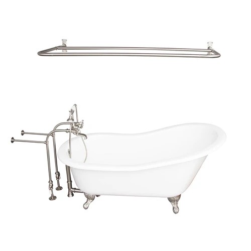 BARCLAY TKCTSN67-BN6 ICARUS 67 INCH CAST IRON FREESTANDING SOAKER BATHTUB IN WHITE WITH METAL CROSS TUB FILLER AND D-SHOWER ROD IN BRUSHED NICKEL