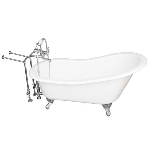 BARCLAY TKCTSN67-CP2 ICARUS 67 INCH CAST IRON FREESTANDING CLAWFOOT SOAKER SLIPPER BATHTUB IN WHITE WITH METAL CROSS TUB FILLER AND HAND SHOWER IN CHROME
