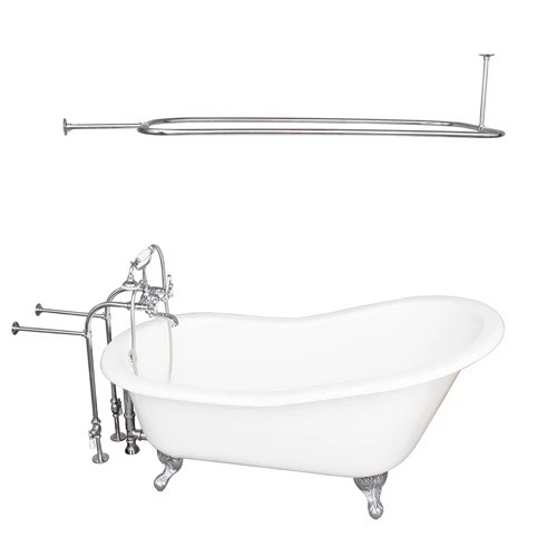 BARCLAY TKCTSN67-CP4 ICARUS 67 INCH CAST IRON FREESTANDING SOAKER BATHTUB IN WHITE WITH METAL CROSS TUB FILLER AND 54 INCH RECTANGULAR SHOWER ROD IN CHROME