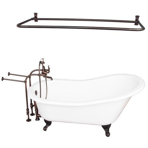 BARCLAY TKCTSN67-ORB6 ICARUS 67 INCH CAST IRON FREESTANDING SOAKER BATHTUB IN WHITE WITH METAL CROSS TUB FILLER AND D-SHOWER ROD IN OIL RUBBED BRONZE