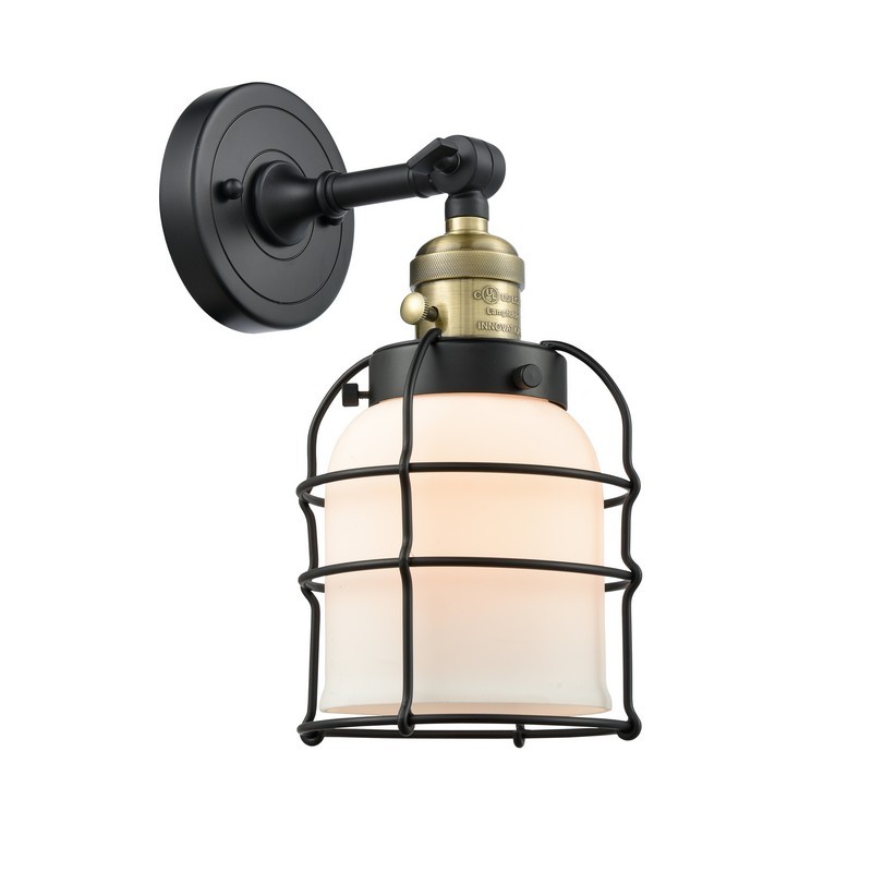INNOVATIONS LIGHTING 203SW-G51-CE FRANKLIN RESTORATION SMALL BELL CAGE 6 INCH ONE LIGHT UP OR DOWN MATTE WHITE CASED GLASS WALL SCONCE
