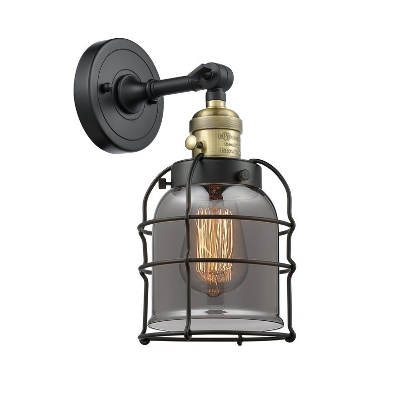 INNOVATIONS LIGHTING 203SW-G53-CE FRANKLIN RESTORATION SMALL BELL CAGE 6 INCH ONE LIGHT UP OR DOWN PLATED SMOKE GLASS WALL SCONCE