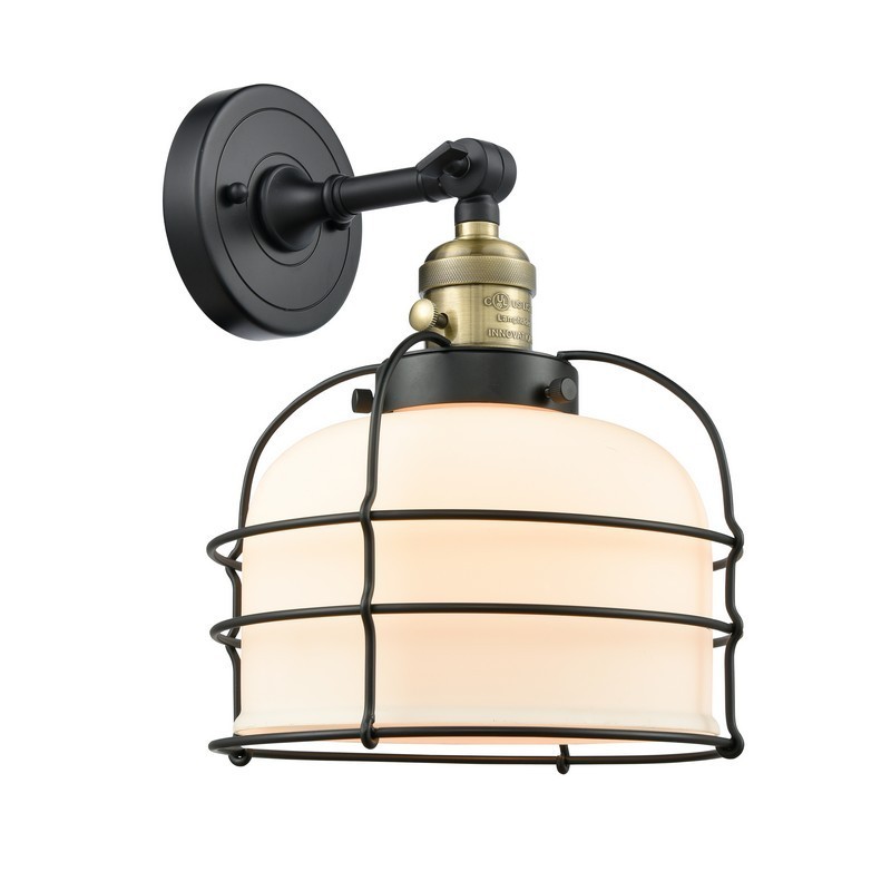 INNOVATIONS LIGHTING 203SW-G71-CE FRANKLIN RESTORATION LARGE BELL CAGE 9 INCH ONE LIGHT UP OR DOWN MATTE WHITE CASED GLASS WALL SCONCE