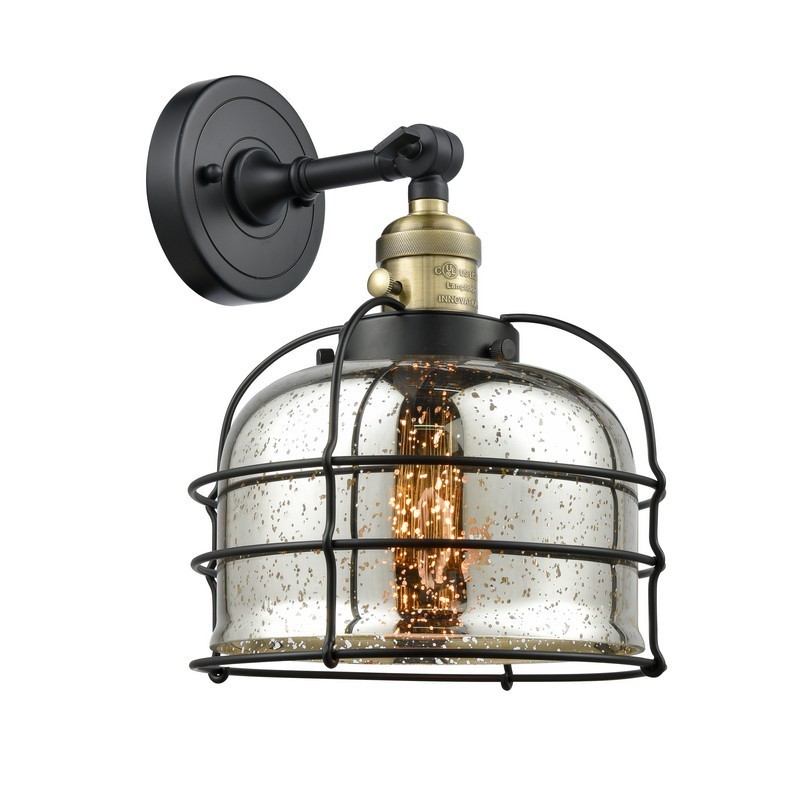 INNOVATIONS LIGHTING 203SW-G78-CE FRANKLIN RESTORATION LARGE BELL CAGE 9 INCH ONE LIGHT UP OR DOWN SILVER MERCURY GLASS WALL SCONCE