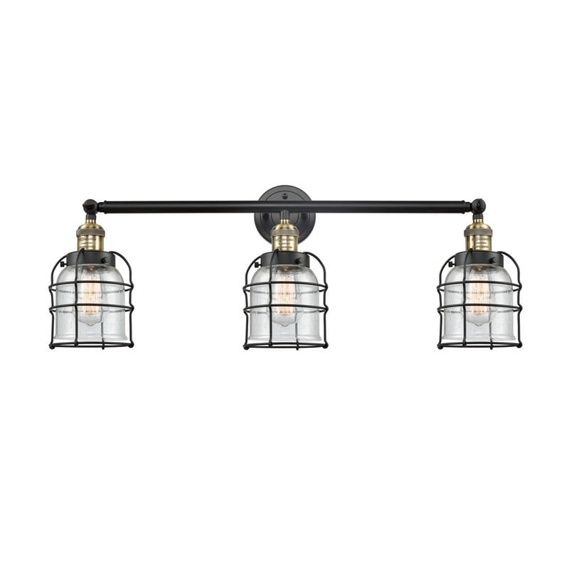 INNOVATIONS LIGHTING 205-G54-CE FRANKLIN RESTORATION SMALL BELL CAGE 3 LIGHT 31 INCH SEEDY GLASS VANITY LIGHT