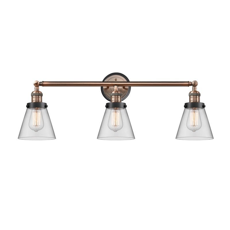 INNOVATIONS LIGHTING 205-BPBK-HRBK-G62 FRANKLIN RESTORATION SMALL CONE 3 LIGHT 30 INCH INCANDESCENT CLEAR GLASS VANITY LIGHT