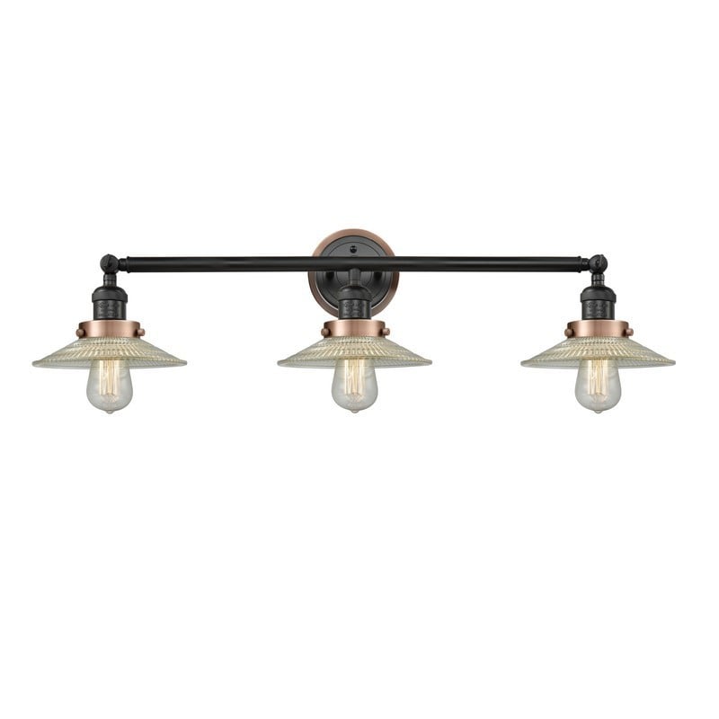 INNOVATIONS LIGHTING 205BK-BPG2 FRANKLIN RESTORATION HALOPHANE 3 LIGHT 32 1/2 INCH INCANDESCENT CLEAR GLASS VANITY LIGHT - MATTE BLACK