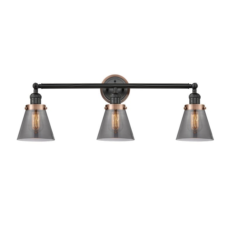 INNOVATIONS LIGHTING 205BK-BPG63 FRANKLIN RESTORATION SMALL CONE 3 LIGHT 30 INCH INCANDESCENT PLATED SMOKE GLASS VANITY LIGHT - MATTE BLACK