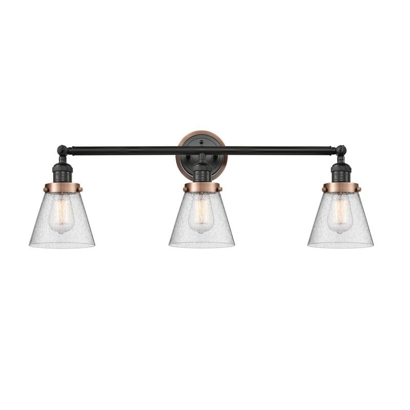 INNOVATIONS LIGHTING 205BK-BPG64 FRANKLIN RESTORATION SMALL CONE 3 LIGHT 30 INCH INCANDESCENT SEEDY GLASS VANITY LIGHT - MATTE BLACK